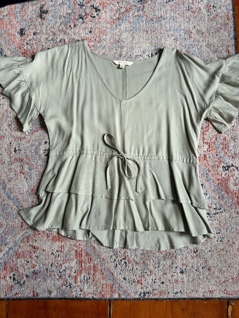 V-Neck Tiered Ruffle Tie-Front Blouse - Sage Green